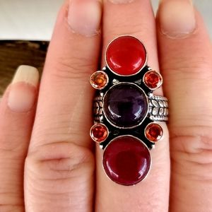 New Cherry Ruby, Amethyst, Coral & Garnet 925 Silver Ring
